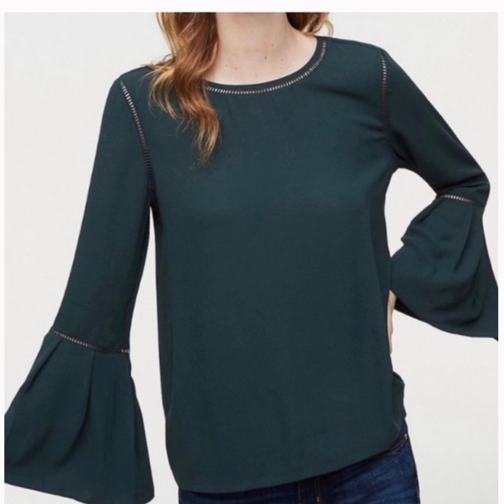 LOFT Bell Sleeve green Blouse with Feminine Cut Out Trim M